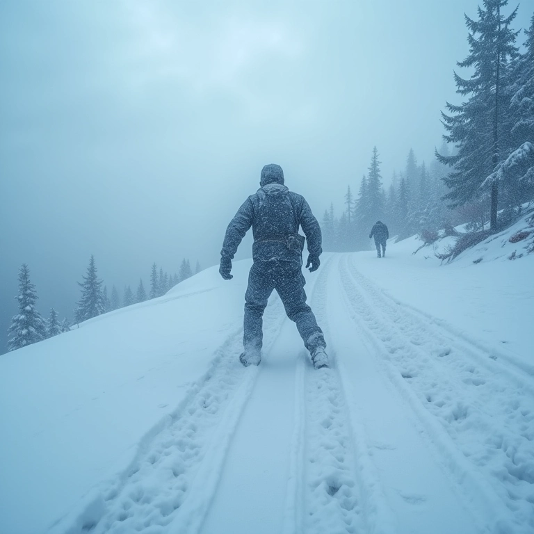 Tempestade de neve em uma montanha brasileira, com uma pessoa lutando contra o vento forte.