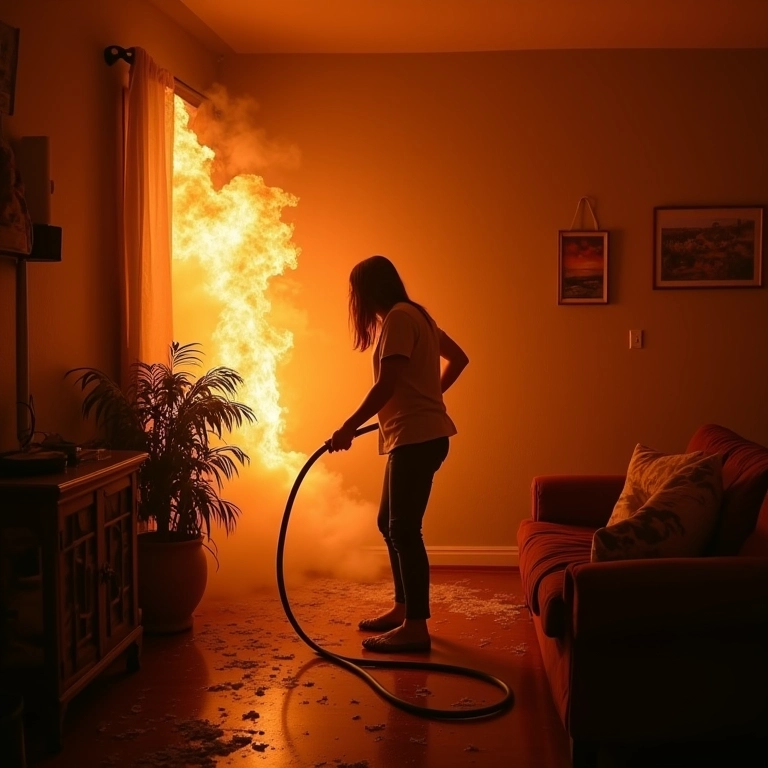 Tentativa desesperada de apagar o fogo em casa durante um sonho.