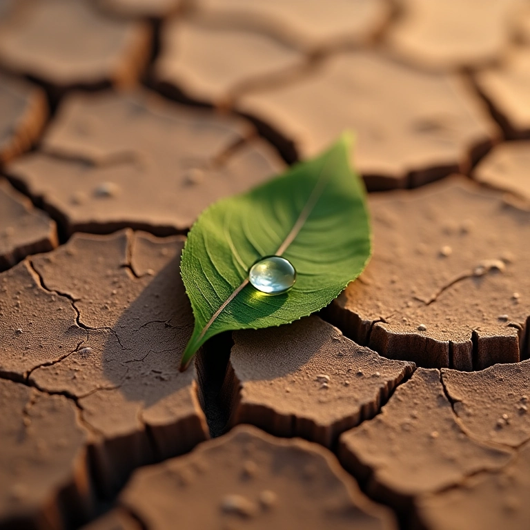 Terra rachada e seca, com uma única gota de água em uma folha.