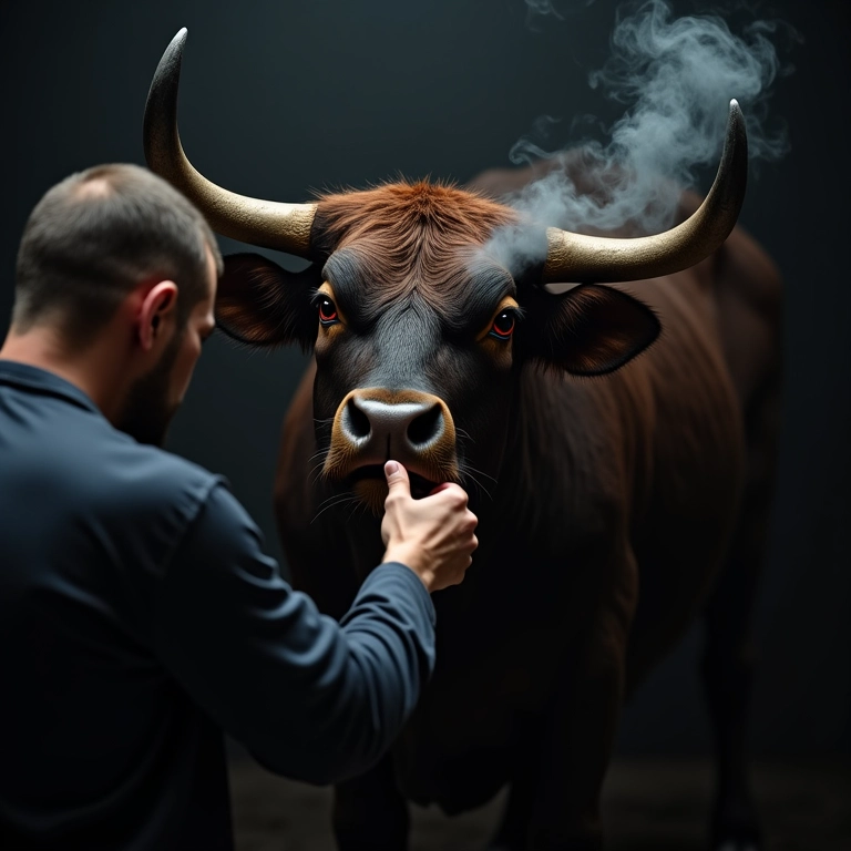 Touro bravo soltando fumaça pelas narinas, representando a raiva.