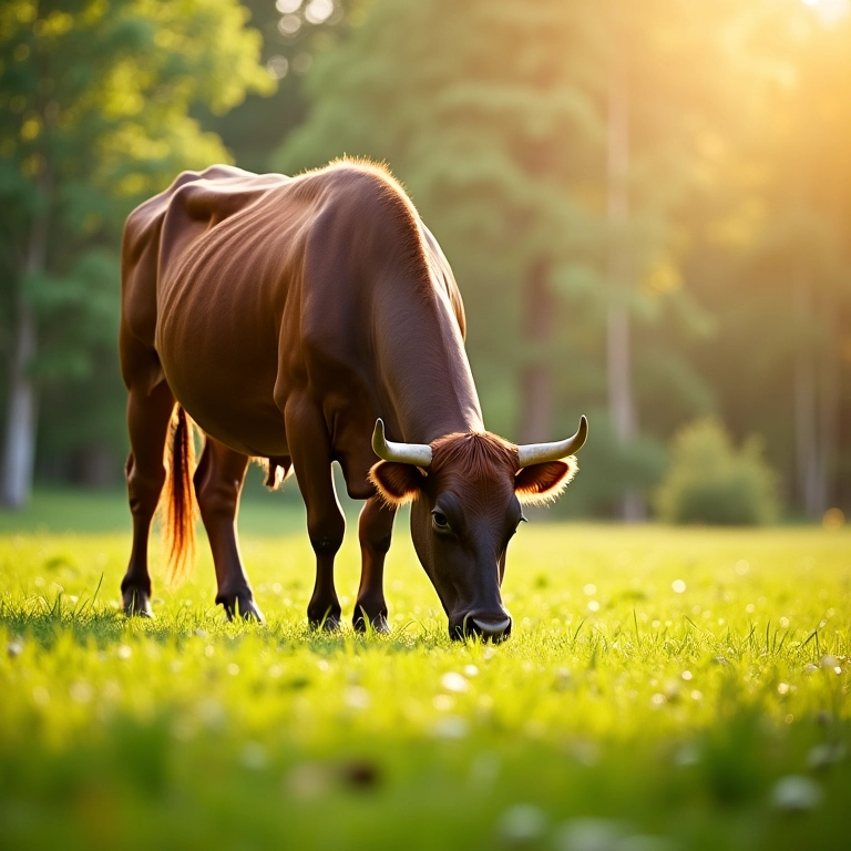 Touro calmo pastando em campo verde, simbolizando paciência e prosperidade.