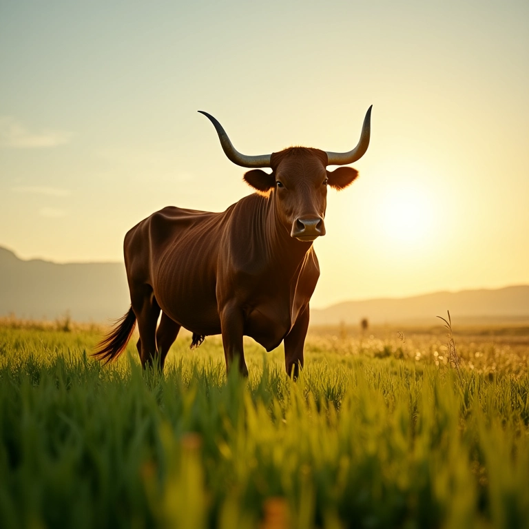 Touro imponente em campo verde, representando força e teimosia.