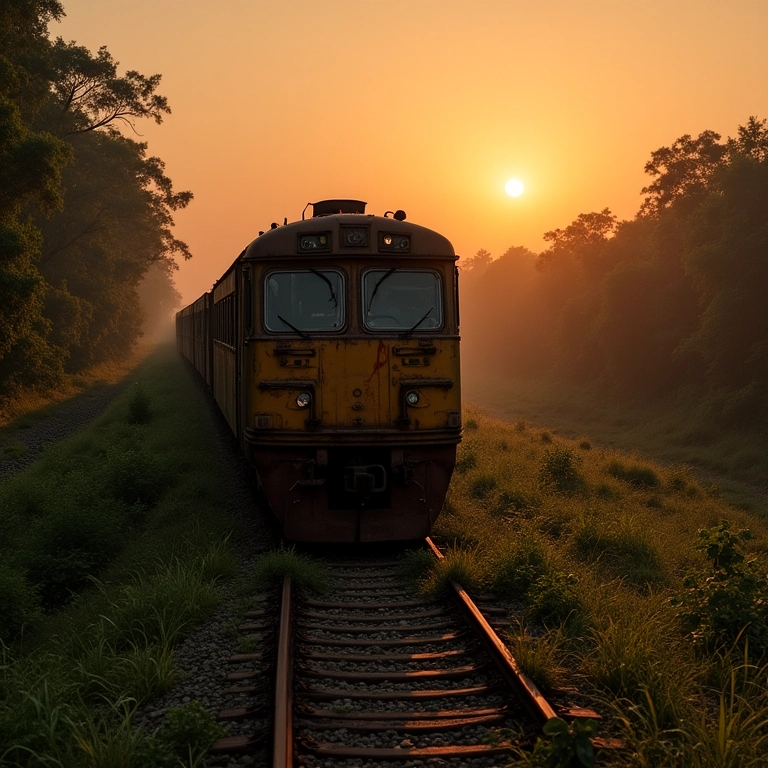 Trem antigo parado em trilhos enferrujados com vegetação.