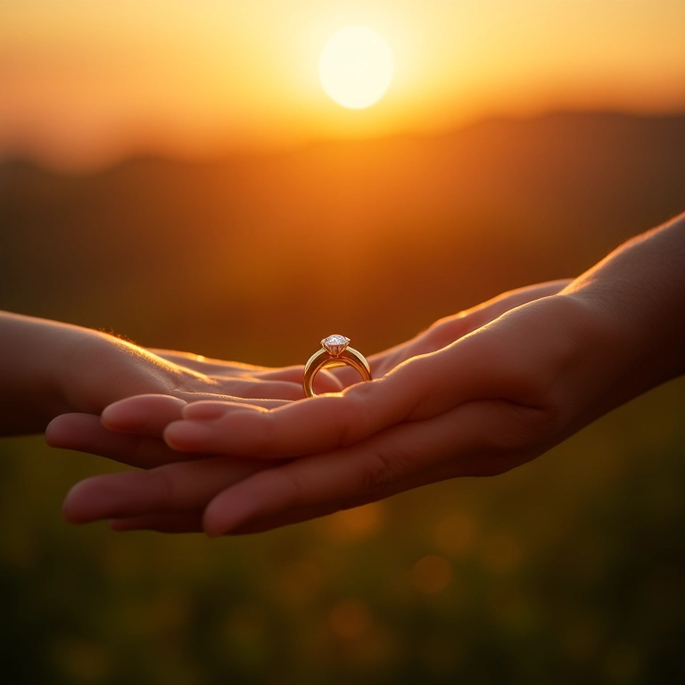 Troca de anel de ouro com diamante em cenário brasileiro ao pôr do sol.