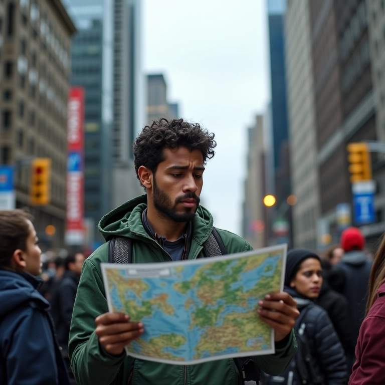 Turista brasileira perdida em Nova York, olhando para um mapa com expressão de confusão.