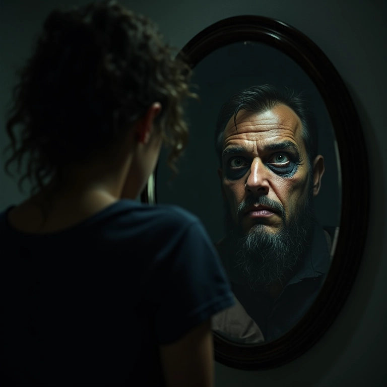 Uma pessoa se olhando no espelho e vendo um reflexo distorcido e monstruoso.