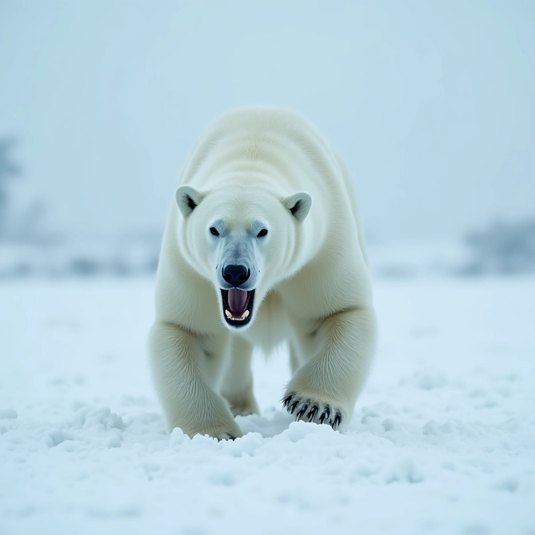 Urso branco (polar) atacando em um cenário de neve.