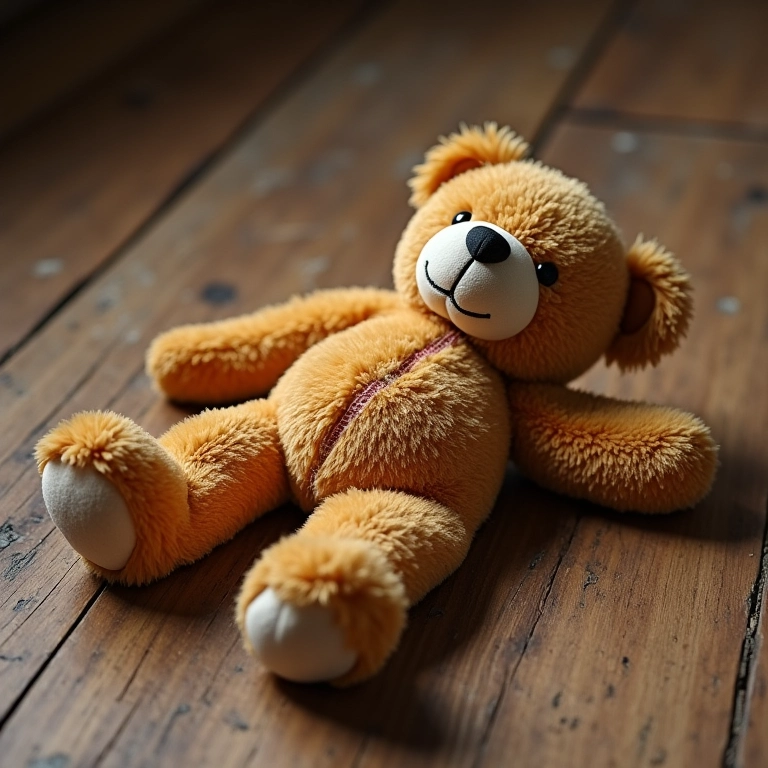 Urso de pelúcia rasgado no chão, representando decepção ou perda.