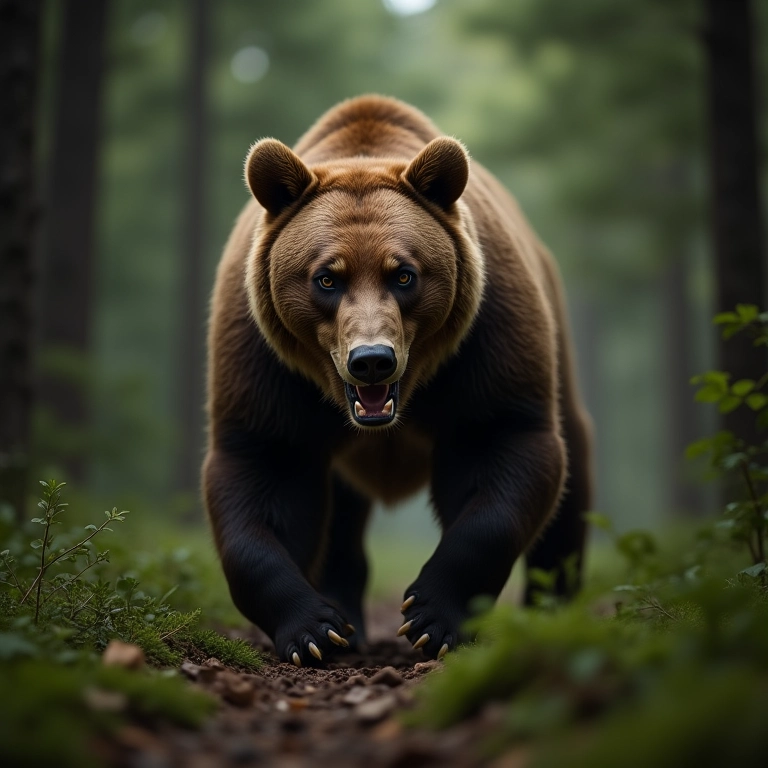 Urso marrom atacando em uma floresta densa.