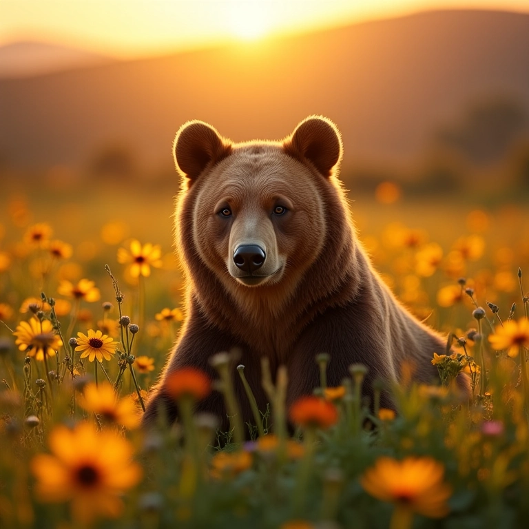 Urso marrom calmo e tranquilo sentado em um campo florido. Representação de paz e serenidade em sonhos.