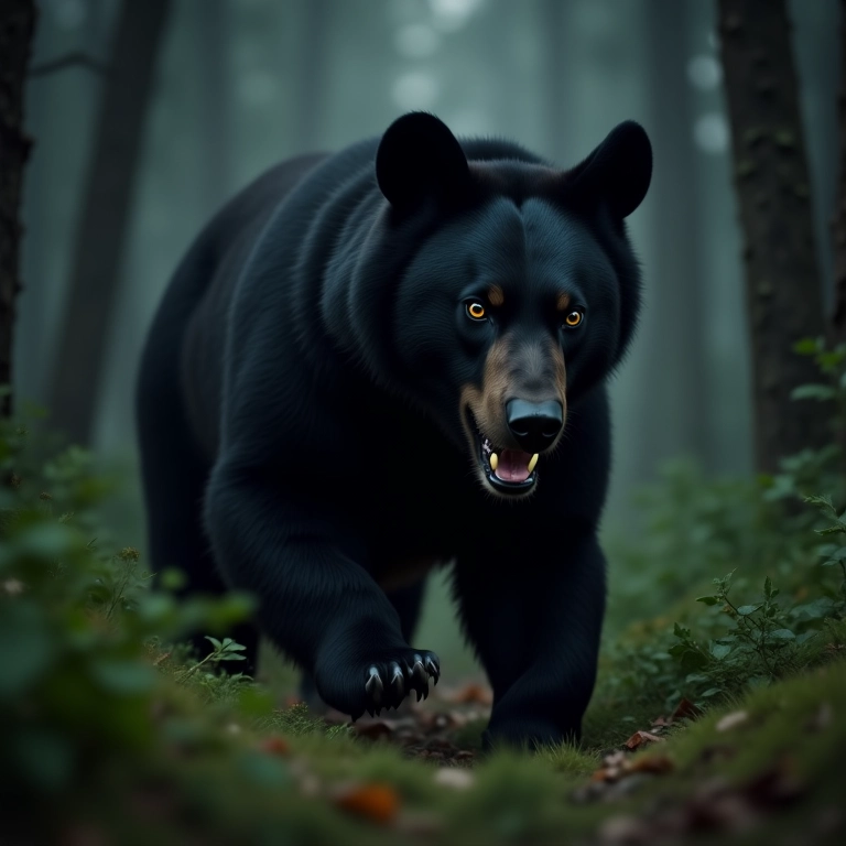 Urso preto atacando em uma floresta escura e densa.