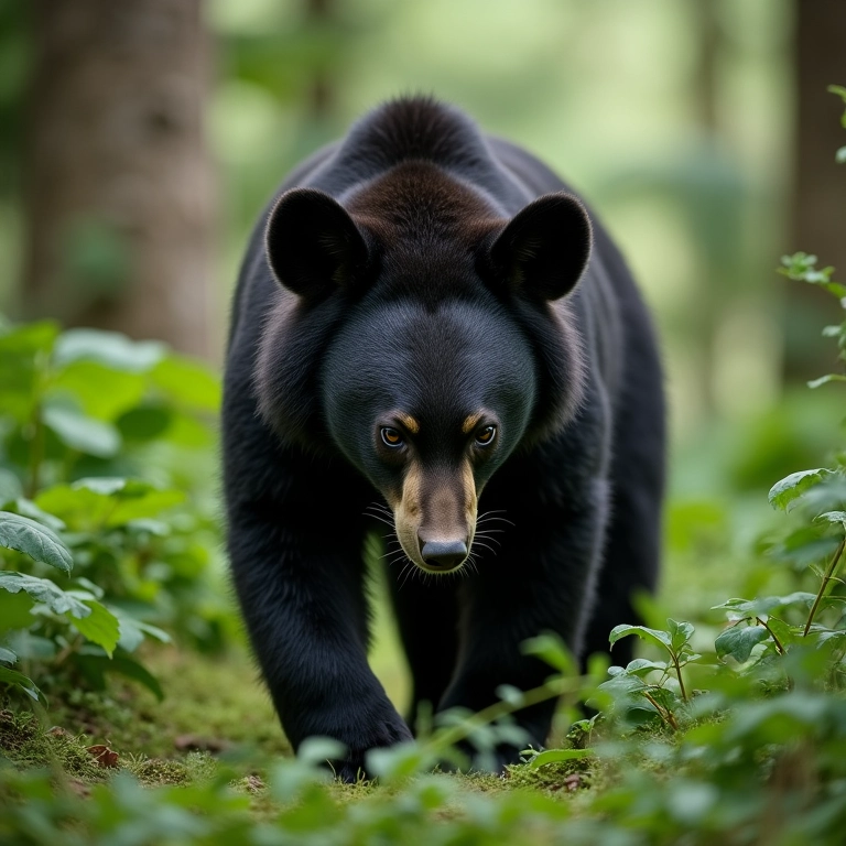 Urso preto solitário na floresta, simbolizando introspecção e força interior.