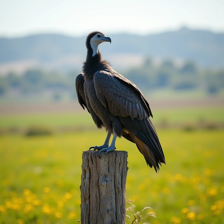 Urubu em cerca rústica, observando um campo: limpeza e renovação.