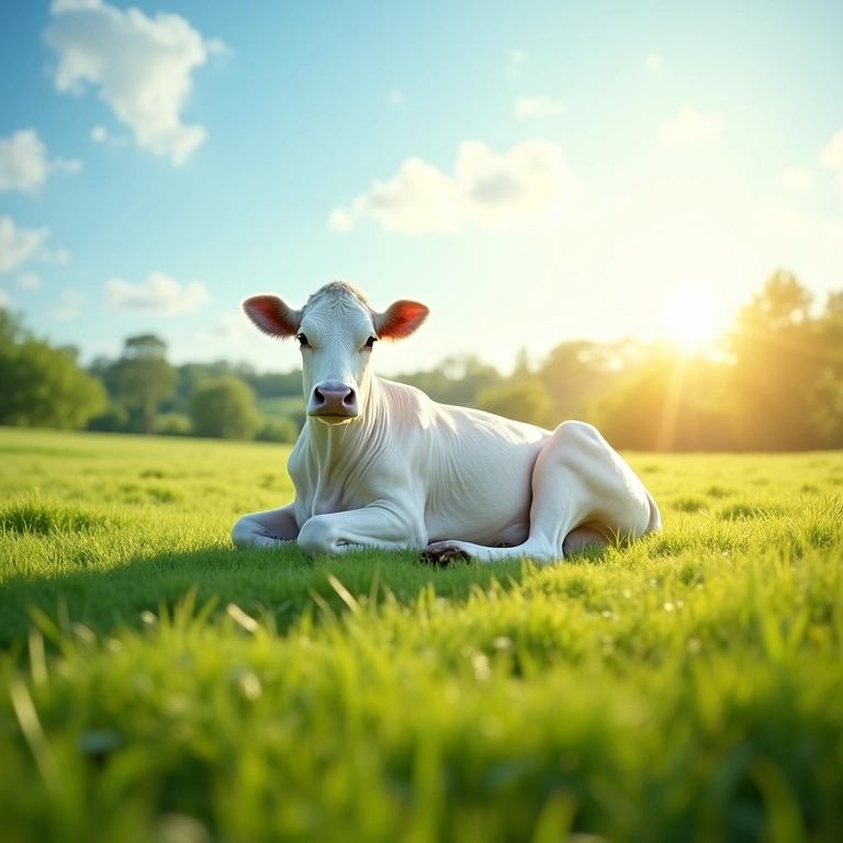 Vaca branca descansando em pasto verde sob o sol.