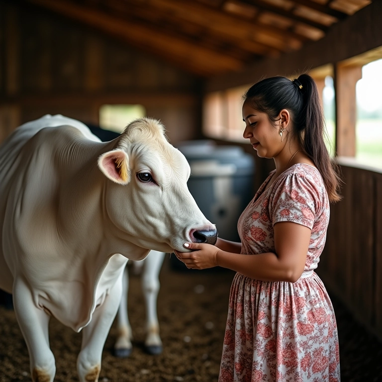 Vaca branca sendo ordenhada em celeiro rústico.