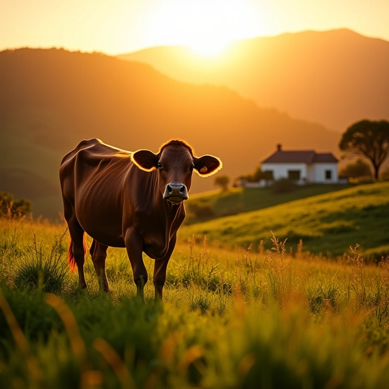 Vaca pastando em um campo verde sob a luz do sol da manhã, simbolizando prosperidade.