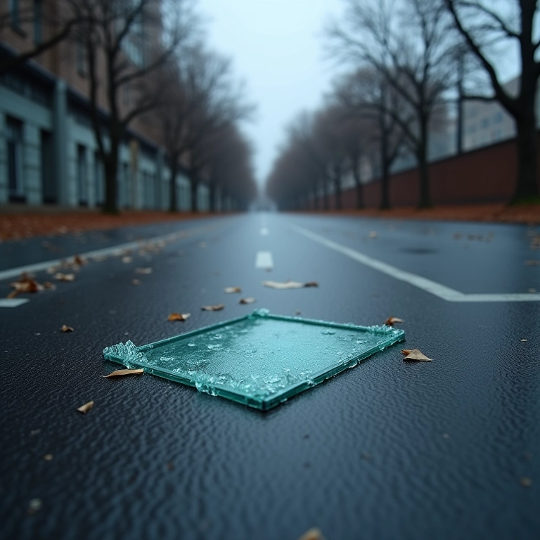 Vaga de estacionamento vazia com cacos de vidro, indicando que um carro foi roubado.