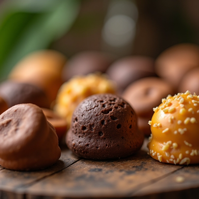 Variedade de doces brasileiros como brigadeiro, beijinho e quindim dispostos artisticamente.