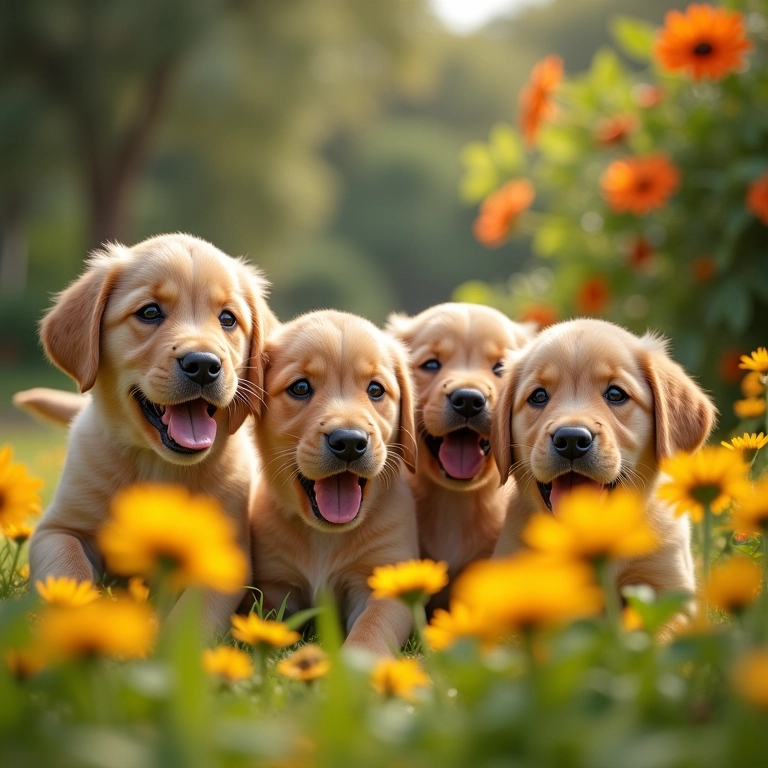 Vários filhotes brincando em jardim florido, representando abundância e alegria.