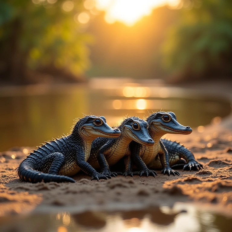 Vários jacarés filhotes juntos na margem de rio.