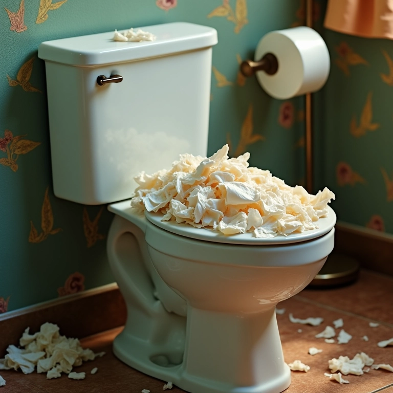 Vaso sanitário entupido transbordando com resíduos em um banheiro com decoração Farm Rio.