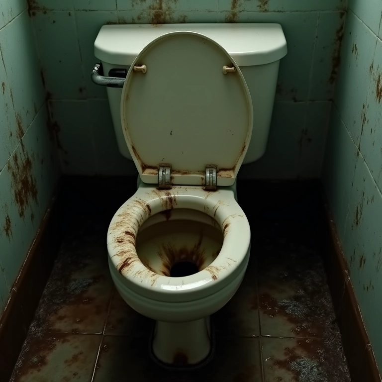 Vaso sanitário extremamente sujo e mal conservado em um banheiro negligenciado e sombrio.