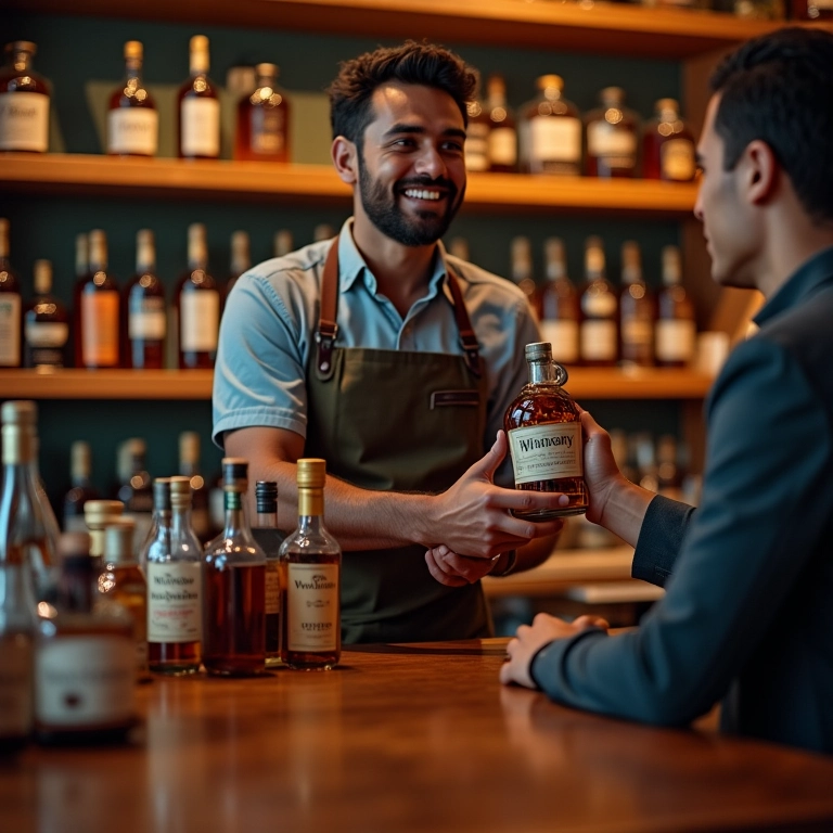 Vendedor de whisky atendendo cliente em loja