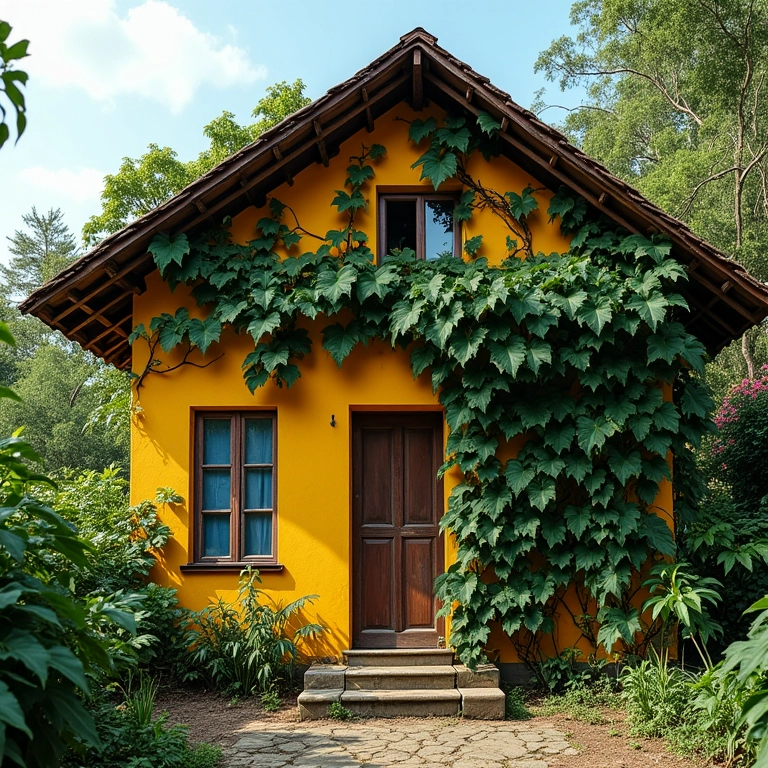 Vinhas decadentes cobrindo casa brasileira colorida.