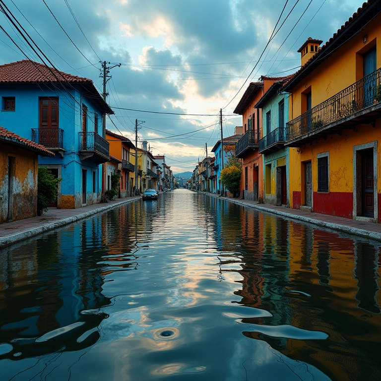 Visão impactante de rua brasileira alagada, refletindo a arquitetura colorida e um céu dramático.