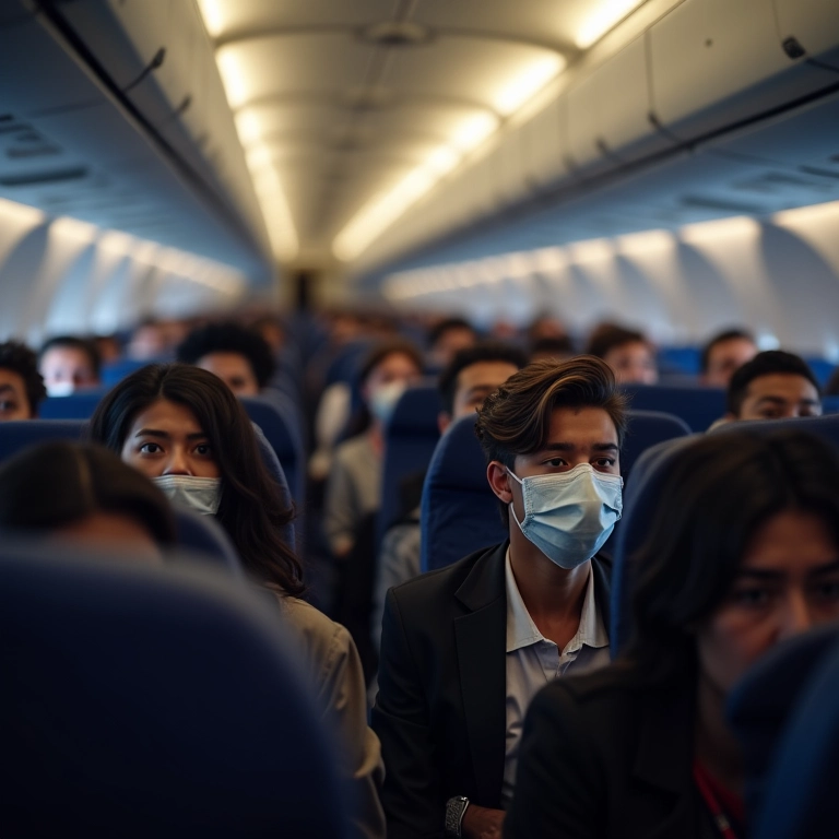 Visão interna de cabine de avião com passageiros em pânico durante turbulência.
