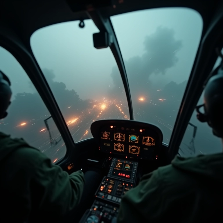 Visão interna de um helicóptero caindo, pânico e perda de controle.