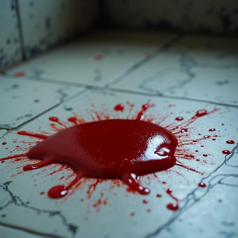 Vômito com sangue em piso branco.
