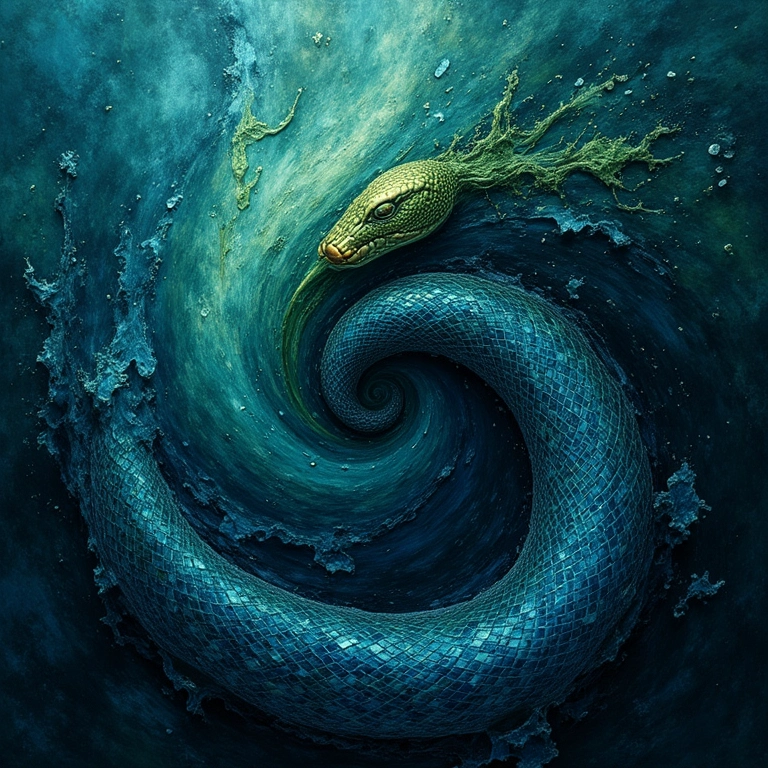Vórtice abstrato de cores e escamas de cobra, representando o inconsciente.