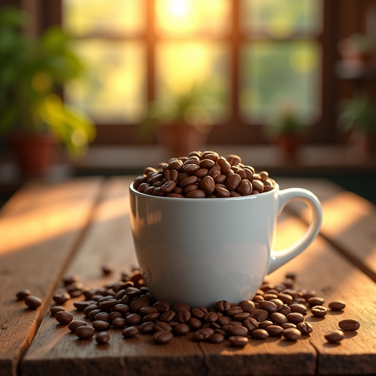 Xícara branca cheia de grãos de café, fartura.