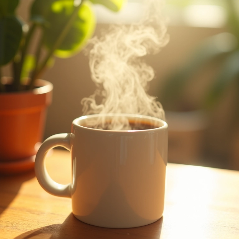 Xícara branca com café fumegante, energia.