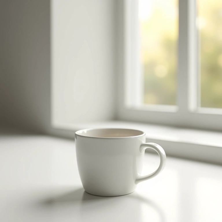 Xícara branca vazia sobre balcão, reflexão.