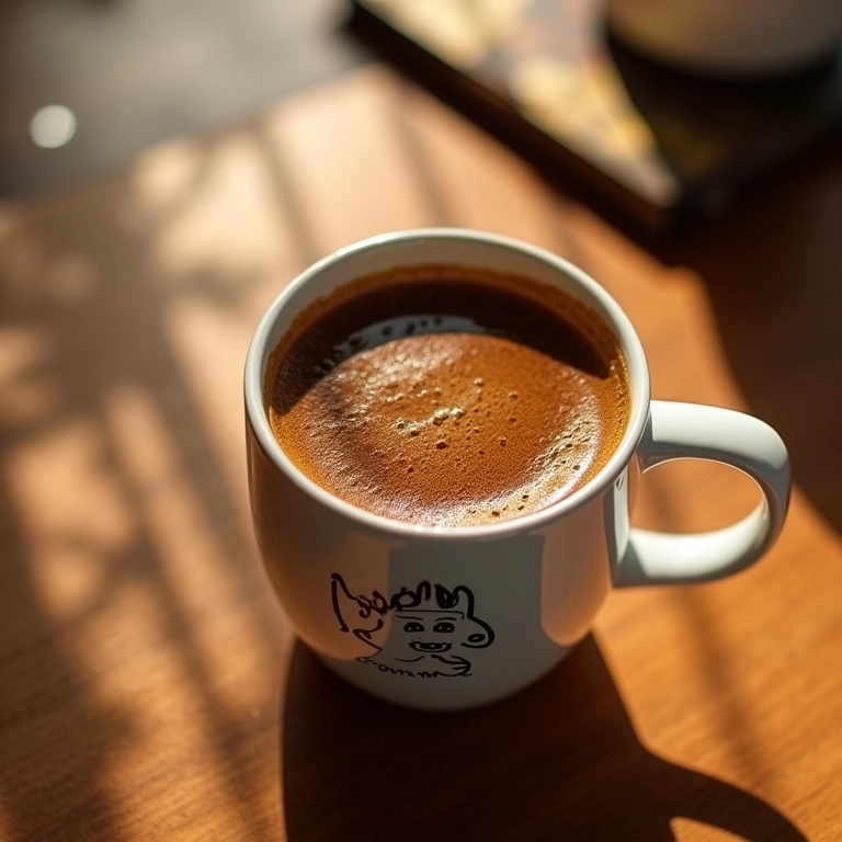 Xícara cheia de café com crema abundante em mesa colorida.