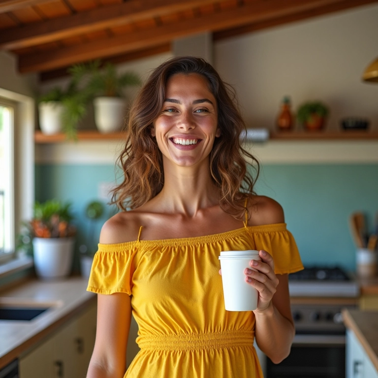 Xícara de café cheia, mulher brasileira sorrindo em cozinha colorida.