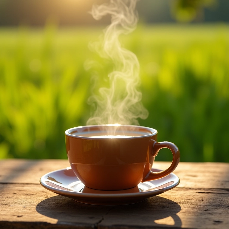 Xícara de café fumegante em mesa de madeira rústica, luz da manhã no campo brasileiro.
