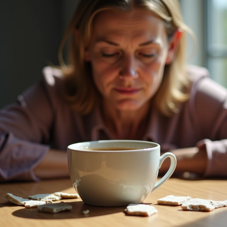 Xícara de café rachada sobre a mesa, mulher pensativa.