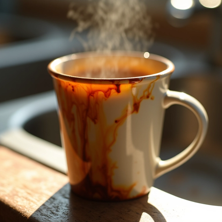 Xícara de café suja com manchas, reflexo do sol.