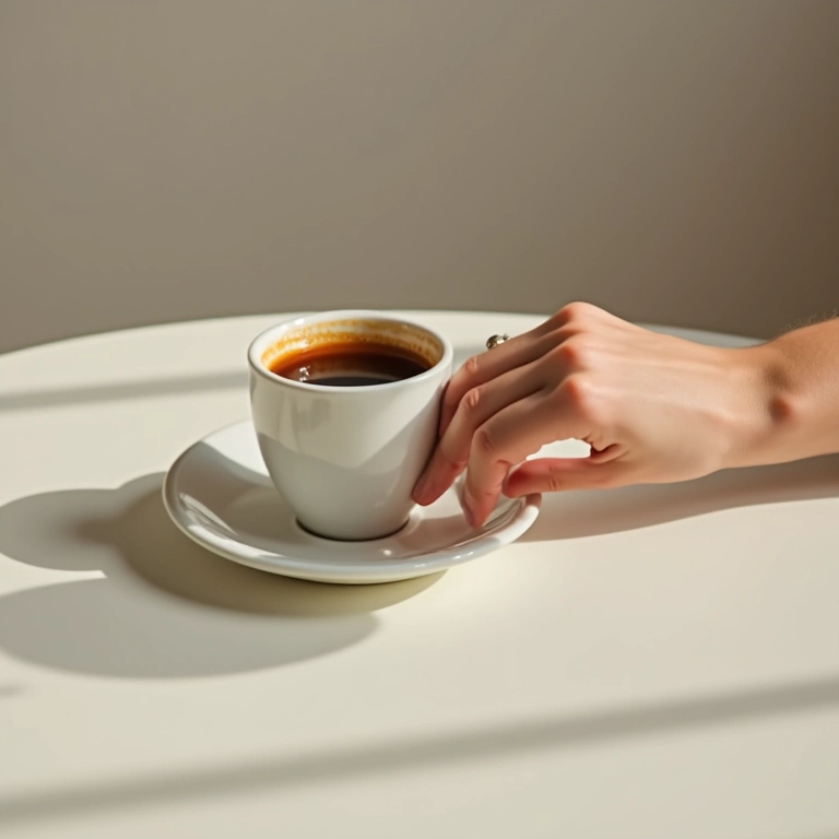 Xícara de café vazia em pires, mão de mulher alcançando-a.