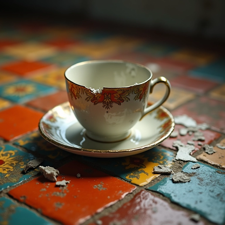 Xícara de porcelana estilhaçada em piso de azulejo colorido.