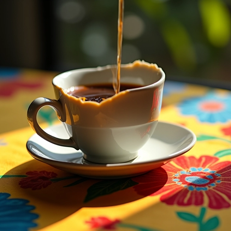 Xícara de porcelana rachada sobre toalha brasileira vibrante, café derramado.