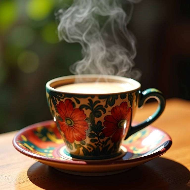 Xícara fumegante de cafezinho em pires de cerâmica pintada à mão.