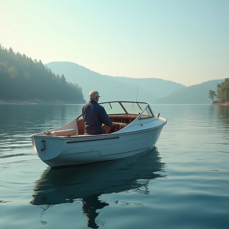 Yacht simples em lago calmo, homem no comando.