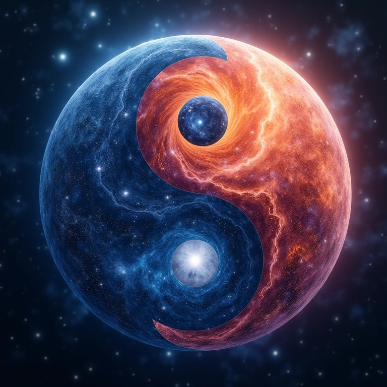 Yin Yang em movimento com galáxia e nebulosa colorida.