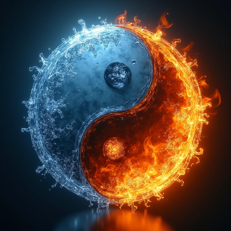 Yin Yang perfeitamente equilibrado com água e fogo.