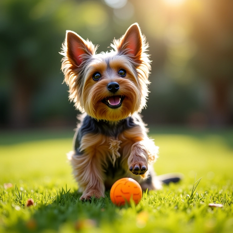 Yorkshire brincando alegremente em jardim ensolarado, representando leveza.