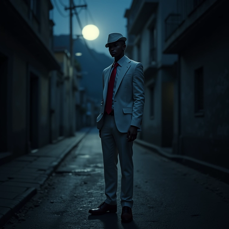 Zé Pilintra em rua escura do Rio, sob a luz da lua.